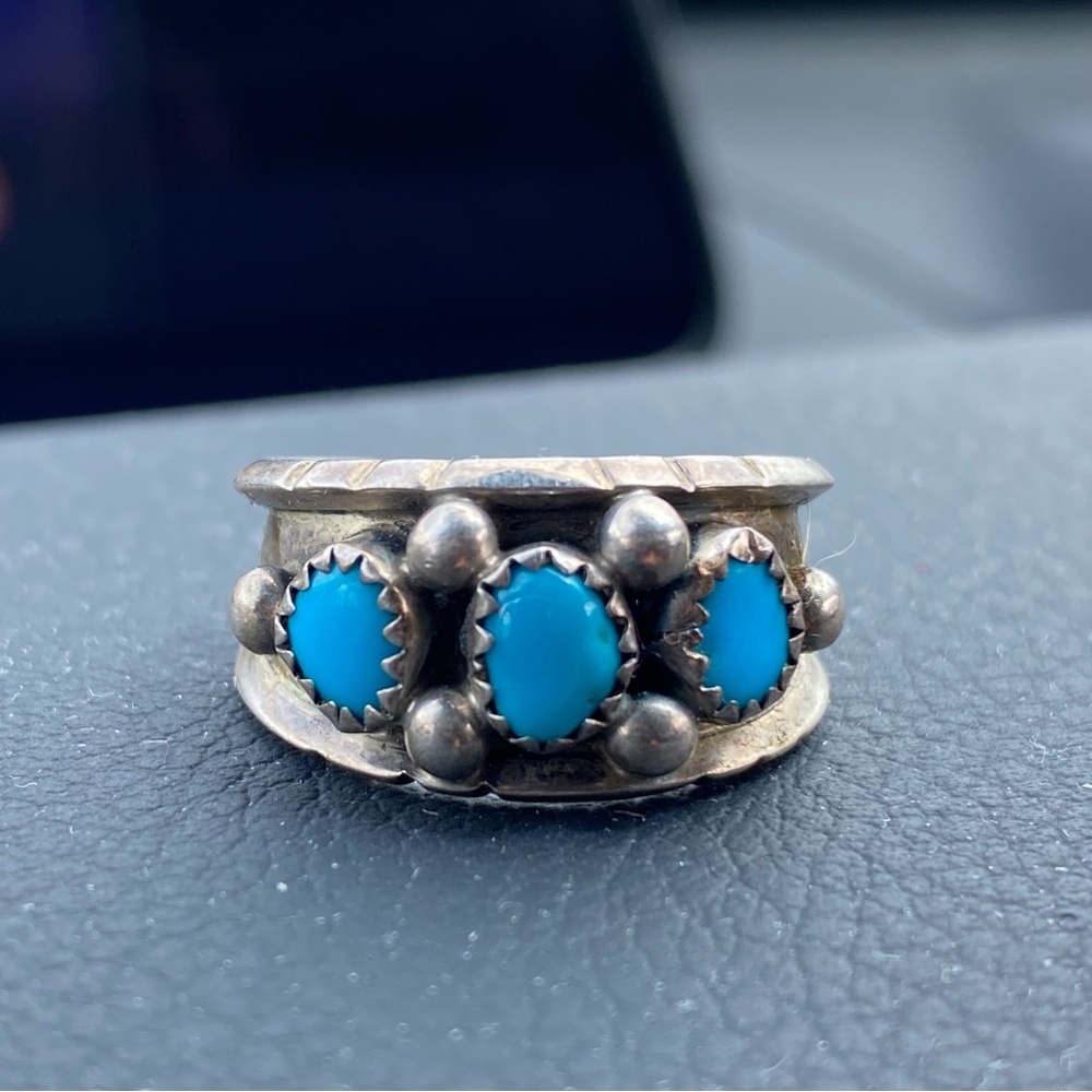 Native American Indian Sterling Silver 3 Stone Turquoise Ring by C Size 9